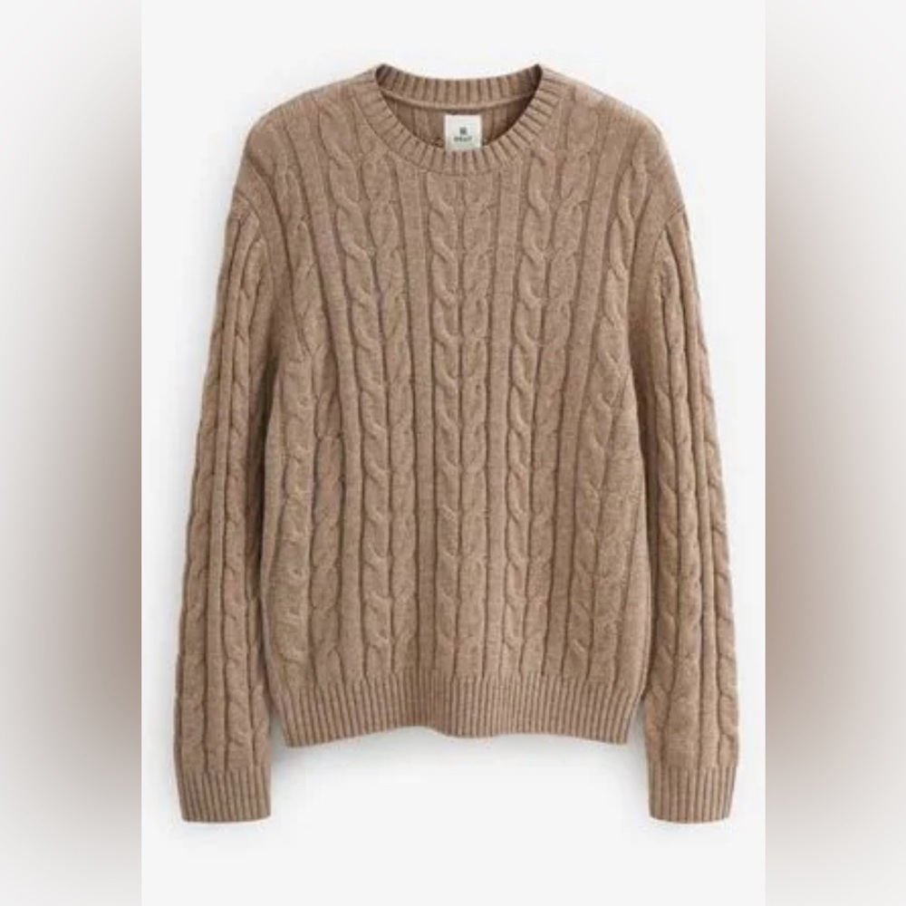 Men’s Cable Knit Sweater Wool Blend Neutral Tan Fall Minimalist Preppy Classic